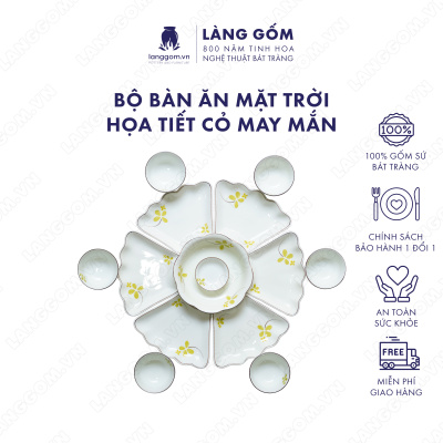 Bộ bàn ăn mặt trời men trắng họa tiết cỏ may mắn 