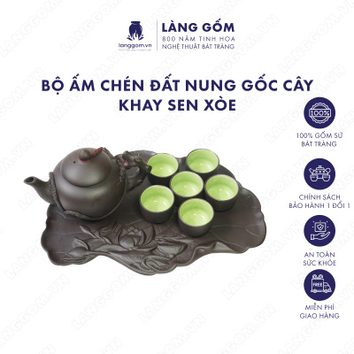 Bộ ấm chén gốc cây +  khay sen xòe Men mộc - Màu Đen