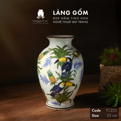 Lọ hoa vẽ tay men màu họa tiết chim Tu căng