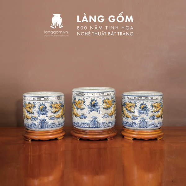 Bát hương, bát nhang, lư hương men rạn đắp nổi họa tiết RỒNG CUỘN SEN (CÓ CHÂN ĐẾ)