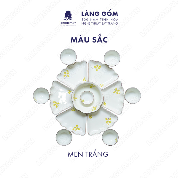 Bộ bàn ăn mặt trời men trắng họa tiết cỏ may mắn 