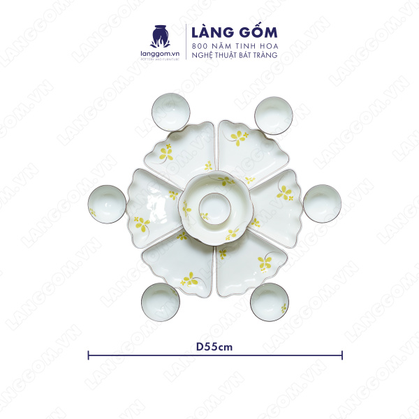 Bộ bàn ăn mặt trời men trắng họa tiết cỏ may mắn 