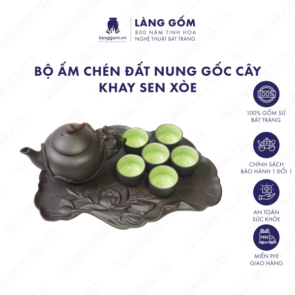 Bộ ấm chén gốc cây +  khay sen xòe Men mộc - Màu Đen