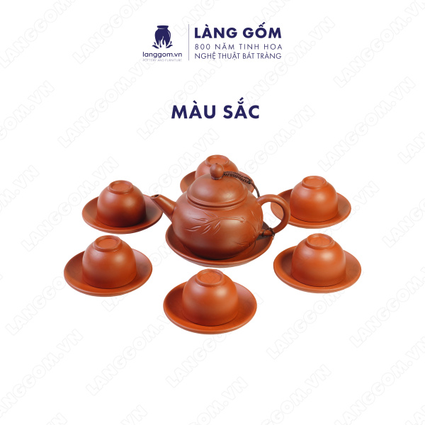 Bộ ấm chén khắc trúc nhỏ men mộc kèm khay tròn và đĩa tách