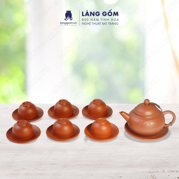 Bộ ấm chén khắc trúc nhỏ men mộc kèm khay tròn và đĩa tách