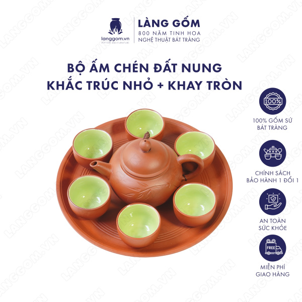 Bộ ấm chén khắc trúc nhỏ men mộc kèm khay tròn và đĩa tách