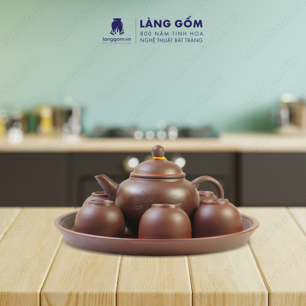 Bộ ấm chén khắc trúc nhỏ men mộc kèm khay tròn và đĩa tách