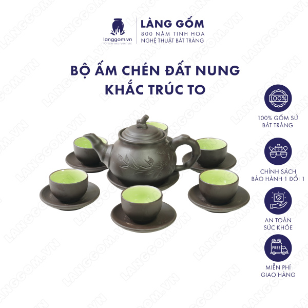 Bộ ấm chén Men mộc khắc trúc to
