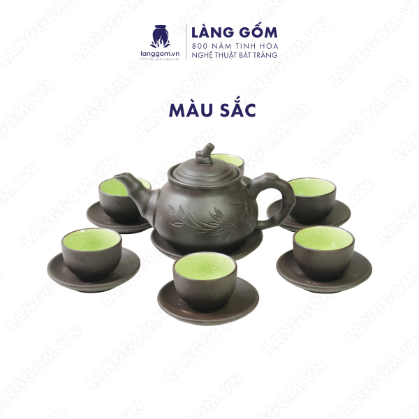 Bộ ấm chén Men mộc khắc trúc to