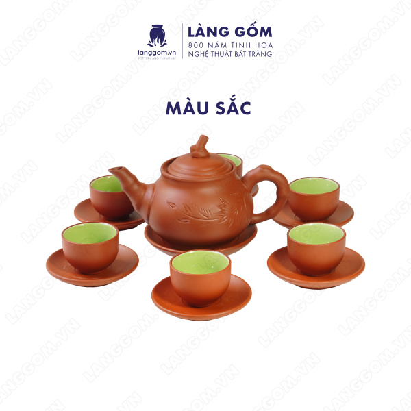 Bộ ấm chén Men mộc khắc trúc to