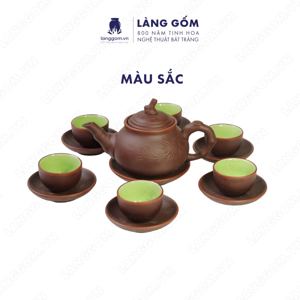 Bộ ấm chén Men mộc khắc trúc to