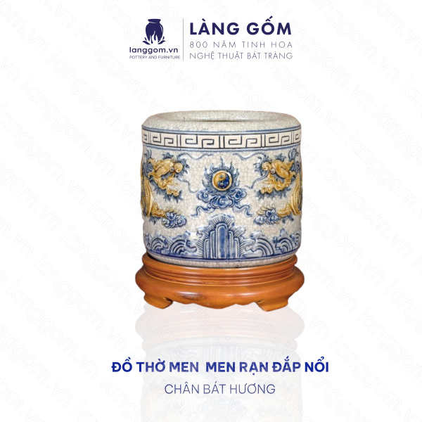 Bát hương, bát nhang, lư hương men rạn đắp nổi họa tiết hoa sen (CÓ CHÂN ĐẾ)