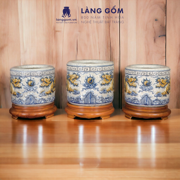 Bát hương, bát nhang, lư hương men rạn đắp nổi họa tiết RỒNG CUỘN SEN (CÓ CHÂN ĐẾ)