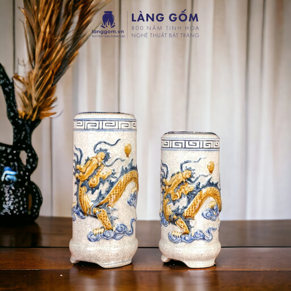Ống hương, lọ đựng hương, ống cắm hương, ống đựng nhang chân bằng, Men rạn đắp nổi sen, rồng