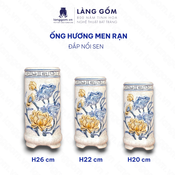 Ống hương, lọ đựng hương, ống cắm hương, ống đựng nhang chân bằng, Men rạn đắp nổi sen, rồng
