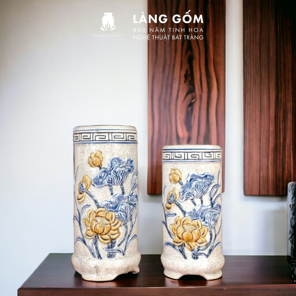 Ống hương, lọ đựng hương, ống cắm hương, ống đựng nhang chân bằng, Men rạn đắp nổi sen, rồng