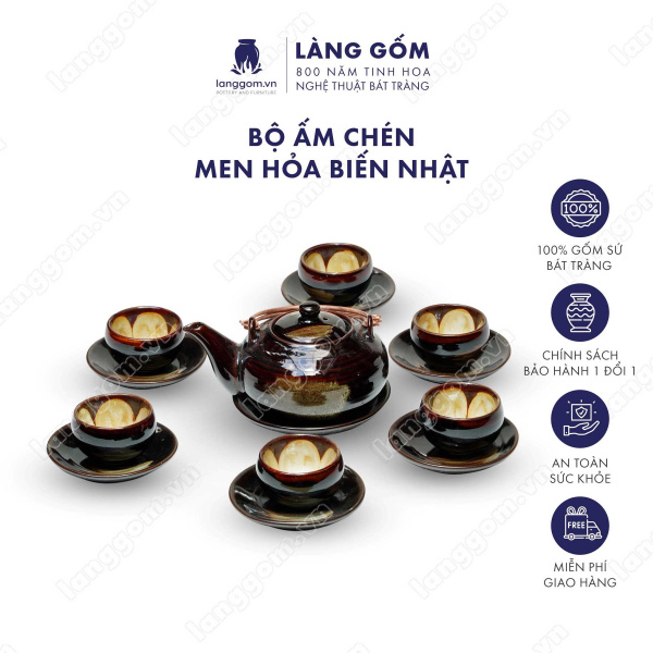 Bộ ấm chén Men hỏa biến kiểu nhật Nhật men tia, màu ánh kim, bảo bình, kem - Gốm sứ Bát Tràng 