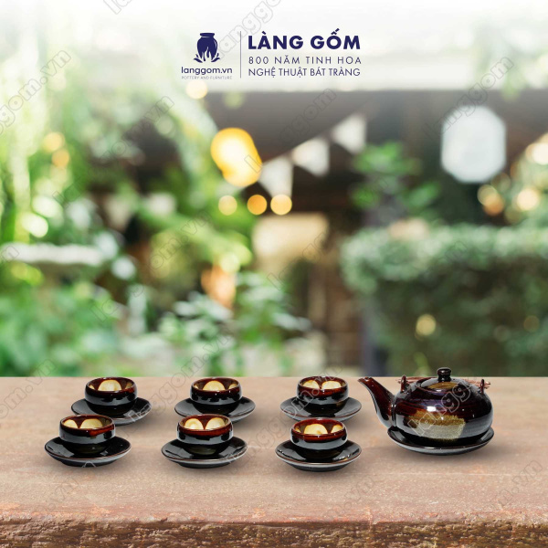 Bộ ấm chén Men hỏa biến kiểu nhật Nhật men tia, màu ánh kim, bảo bình, kem - Gốm sứ Bát Tràng 
