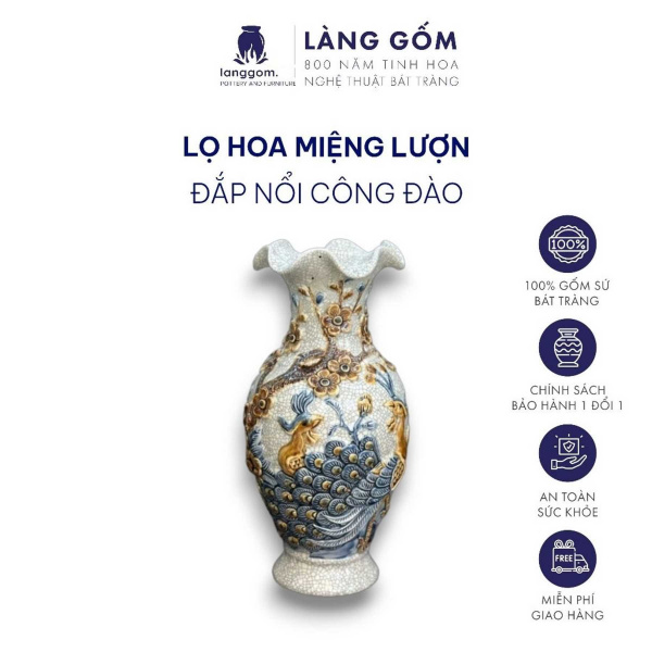 Bình hoa, lọ hoa bàn thờ miệng lượn, men rạn đắp nổi họa tiết Rồng, Chim Công Hoa Đào, Sen H24-60 cm
