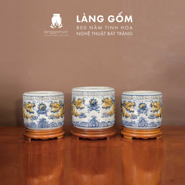 Bát hương, bát nhang, lư hương men rạn đắp nổi họa tiết rồng tinh xảo (CÓ CHÂN ĐẾ)