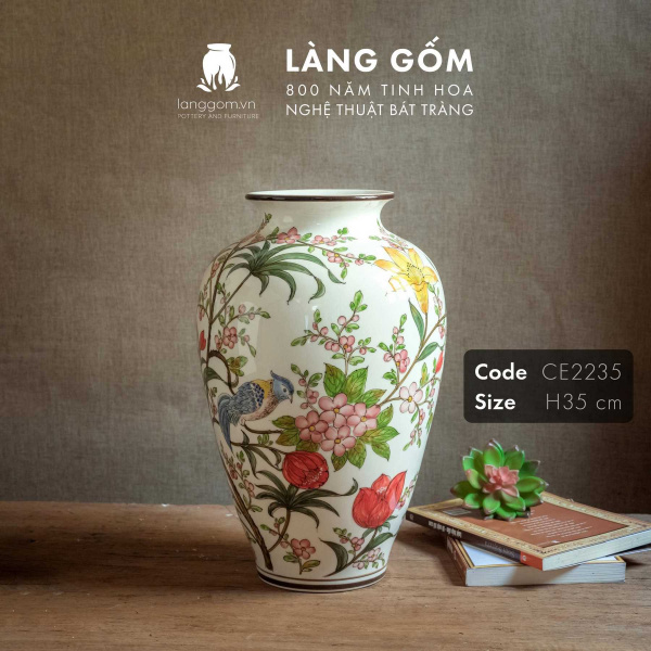 Lọ hoa vẽ tay men màu họa tiết hoa đào