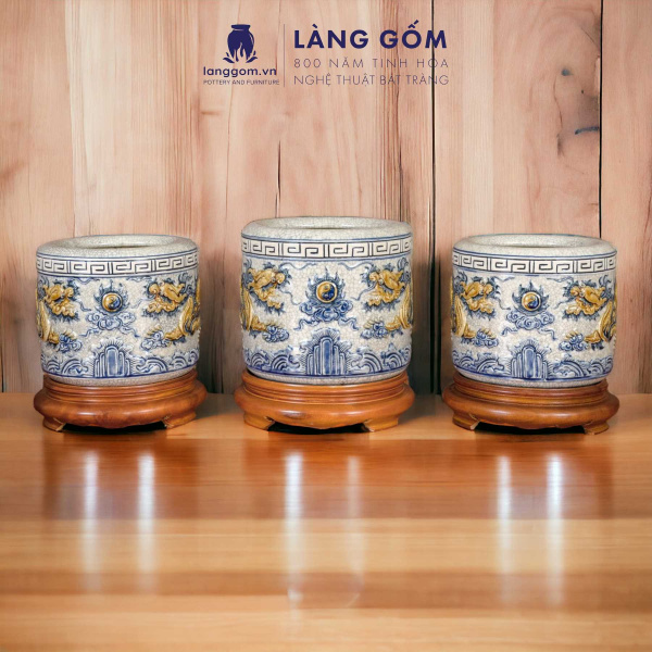 Bát hương, bát nhang, lư hương men rạn đắp nổi họa tiết rồng tinh xảo (CÓ CHÂN ĐẾ)