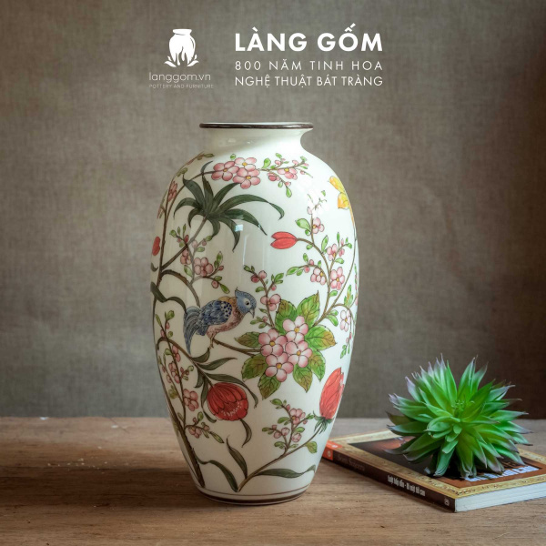 Lọ hoa vẽ tay men màu họa tiết hoa đào