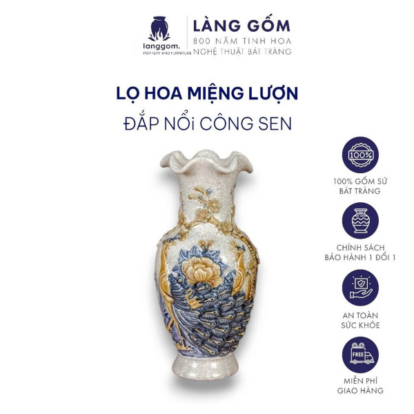 Bình hoa, lọ hoa bàn thờ miệng lượn, men rạn đắp nổi họa tiết Rồng, Chim Công Hoa Đào, Sen H24-60 cm