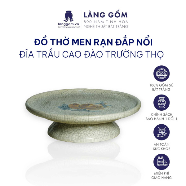 Mâm Bồng men rạn đắp nổi họa tiết Sen, Rồng, Long Phụng