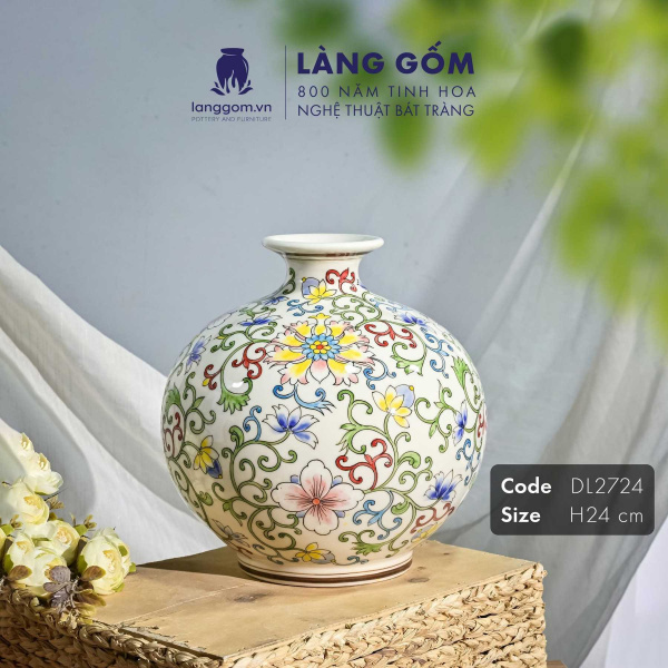 Lọ hoa vẽ tay men màu họa tiết dây leo