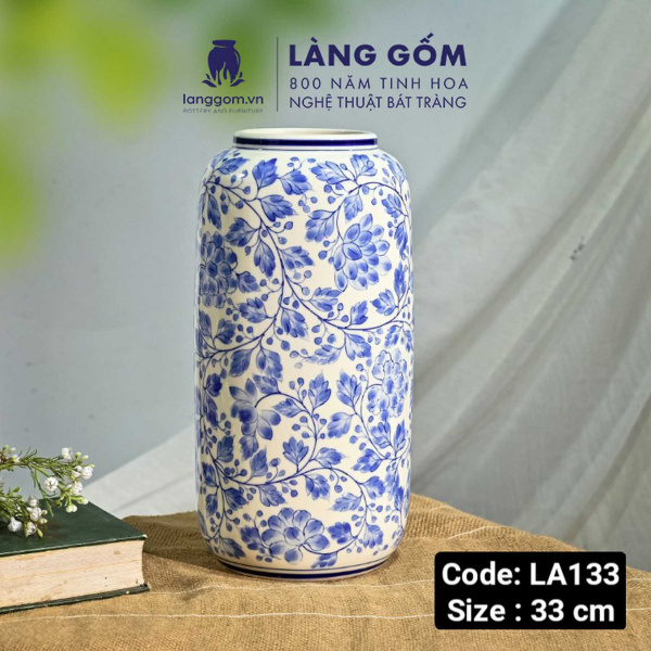 Lọ hoa vẽ tay men lam họa tiết hoa lá