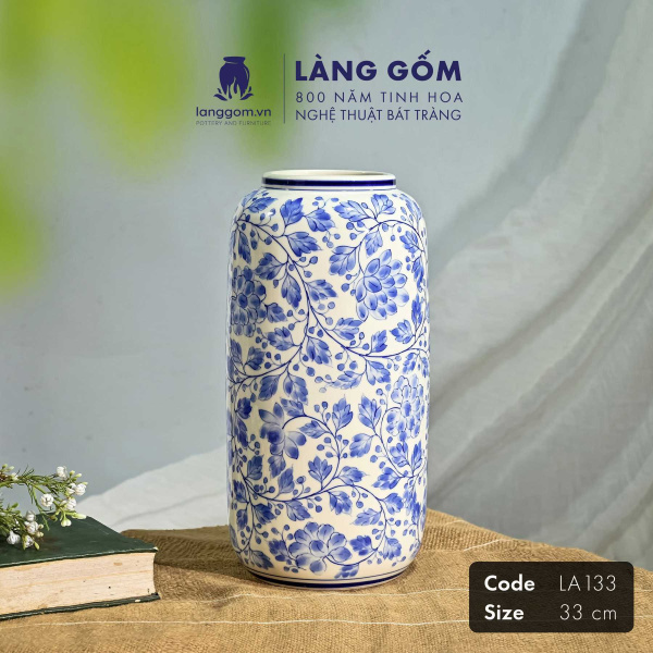 Lọ hoa vẽ tay men lam họa tiết hoa lá