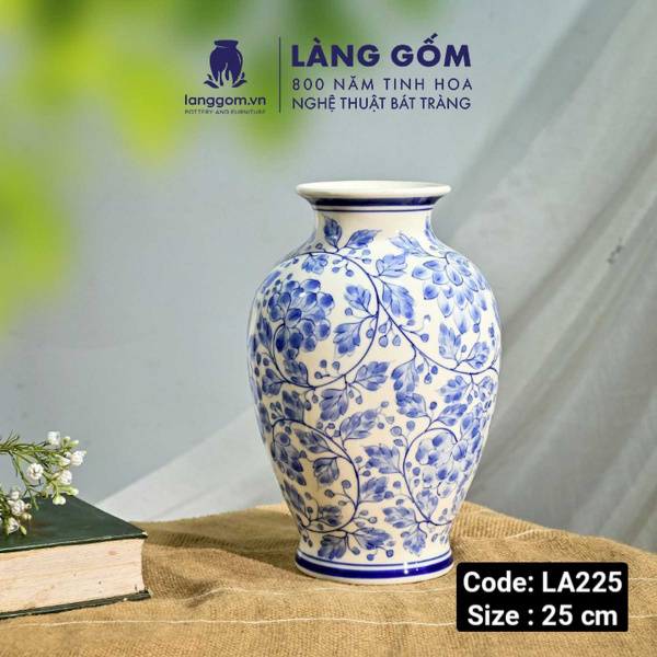Lọ hoa vẽ tay men lam họa tiết hoa lá