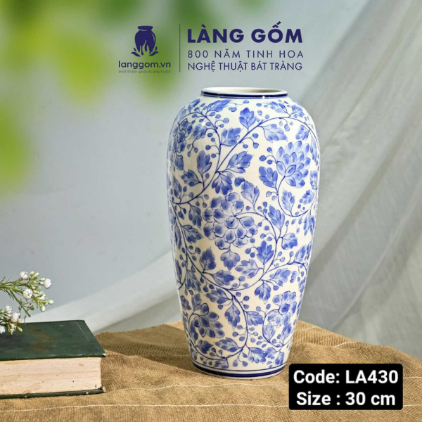 Lọ hoa vẽ tay men lam họa tiết hoa lá