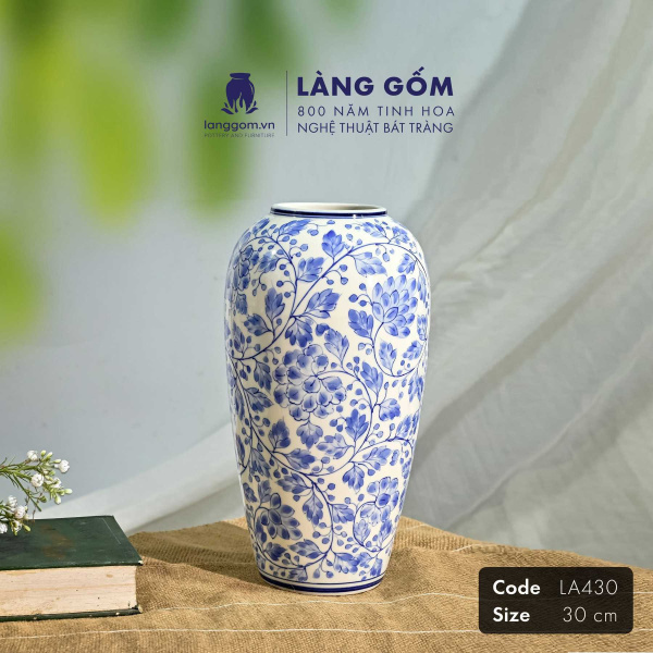 Lọ hoa vẽ tay men lam họa tiết hoa lá