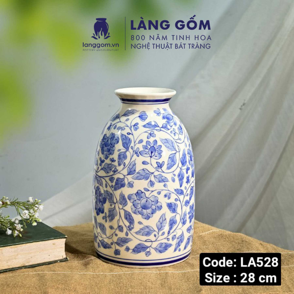 Lọ hoa vẽ tay men lam họa tiết hoa lá
