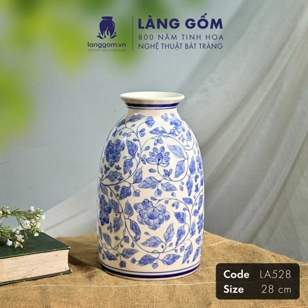 Lọ hoa vẽ tay men lam họa tiết hoa lá