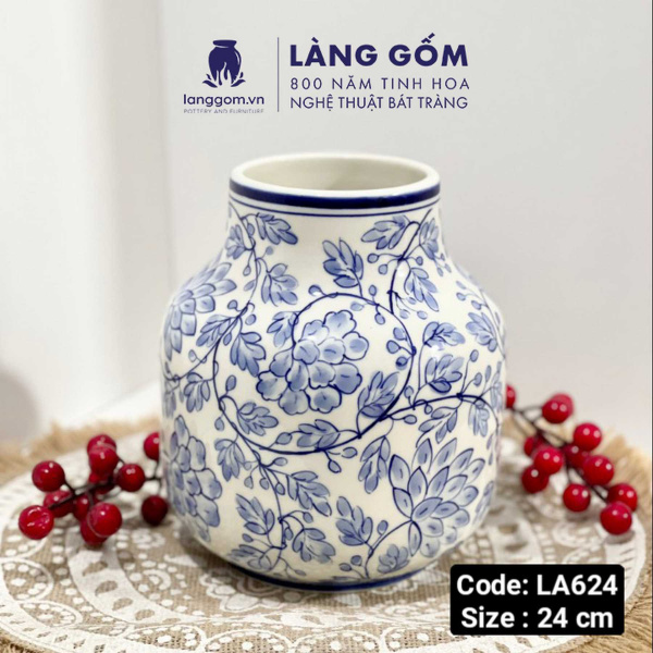 Lọ hoa vẽ tay men lam họa tiết hoa lá