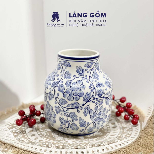 Lọ hoa vẽ tay men lam họa tiết hoa lá