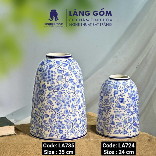 Lọ hoa vẽ tay men lam họa tiết hoa lá