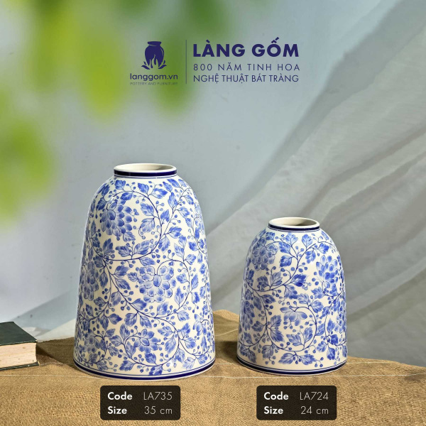 Lọ hoa vẽ tay men lam họa tiết hoa lá