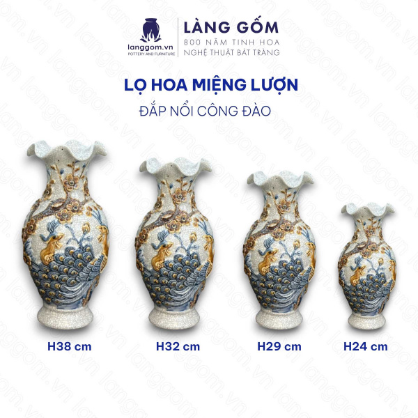 Bình hoa, lọ hoa bàn thờ miệng lượn, men rạn đắp nổi họa tiết Rồng, Chim Công Hoa Đào, Sen H24-60 cm