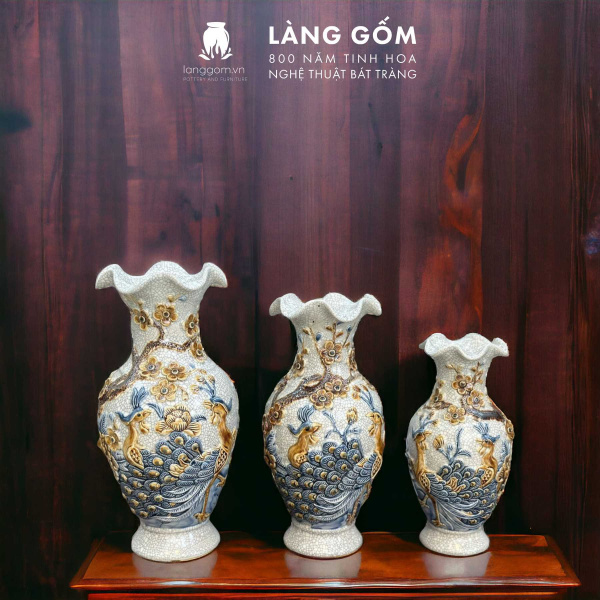 Bình hoa, lọ hoa bàn thờ miệng lượn, men rạn đắp nổi họa tiết Rồng, Chim Công Hoa Đào, Sen H24-60 cm