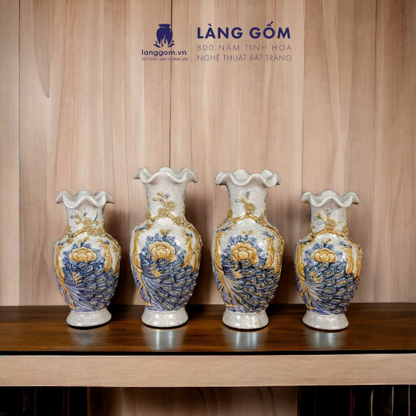 Bình hoa, lọ hoa bàn thờ miệng lượn, men rạn đắp nổi họa tiết Rồng, Chim Công Hoa Đào, Sen H24-60 cm