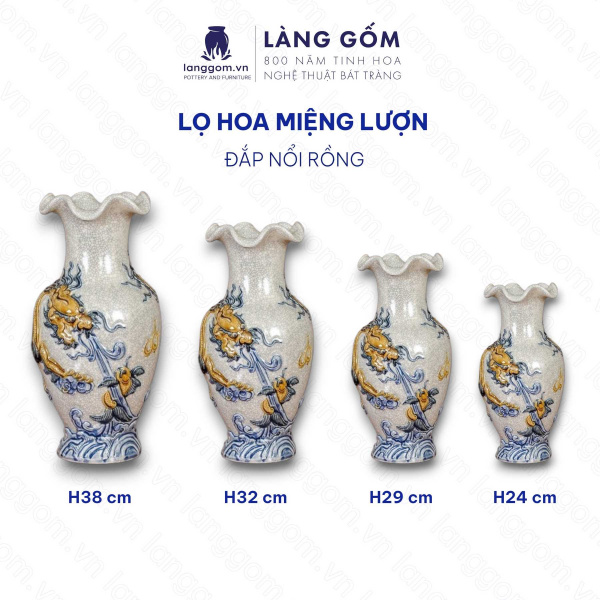 Bình hoa, lọ hoa bàn thờ miệng lượn, men rạn đắp nổi họa tiết Rồng, Chim Công Hoa Đào, Sen H24-60 cm