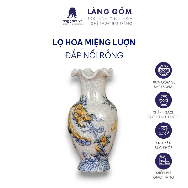 Bình hoa, lọ hoa bàn thờ miệng lượn, men rạn đắp nổi họa tiết Rồng, Chim Công Hoa Đào, Sen H24-60 cm