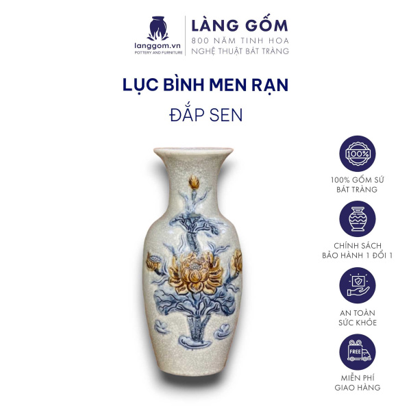 Lộc Bình, Lục Bình Phong Thủy, Lọ Hoa Thờ Cúng Men Rạn Đắp Nổi Rồng, Sen, Chim Công Hoa Đào, 24-60 cm