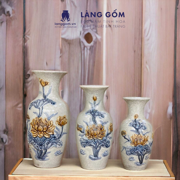 Lộc Bình, Lục Bình Phong Thủy, Lọ Hoa Thờ Cúng Men Rạn Đắp Nổi Rồng, Sen, Chim Công Hoa Đào, 24-60 cm