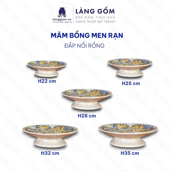 Mâm Bồng men rạn đắp nổi họa tiết Sen, Rồng, Long Phụng