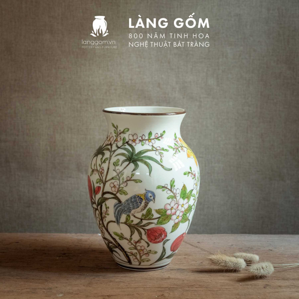 Lọ hoa vẽ tay men màu họa tiết hoa đào